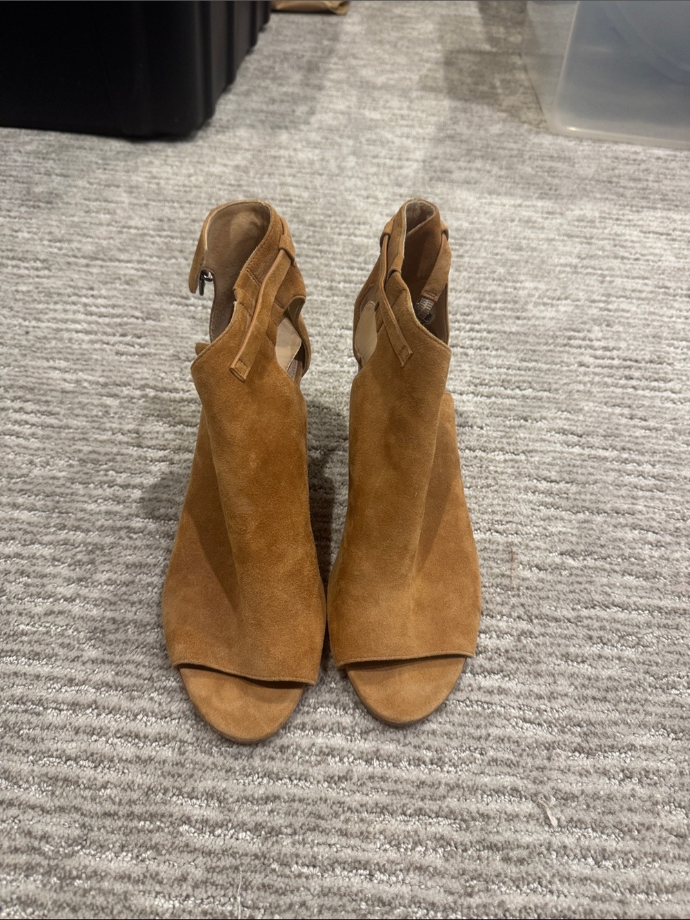 Via Spiga Tan Suede Peep-Toe Cutout Booties – Size 9.5